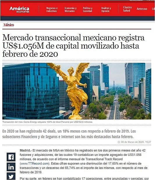 Mercado transaccional mexicano registra US$1.056M de capital movilizado hasta febrero de 2020